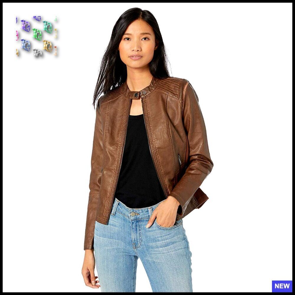 Faux Leather Moto Jacket Edgy Chic Classic Straight Fit Zip Front Pockets